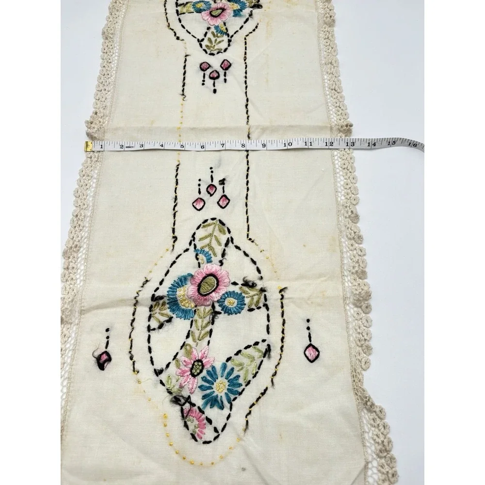Vintage Hand Embroidered Table Runner Crochet Lace Trim Floral 34x13 Read##